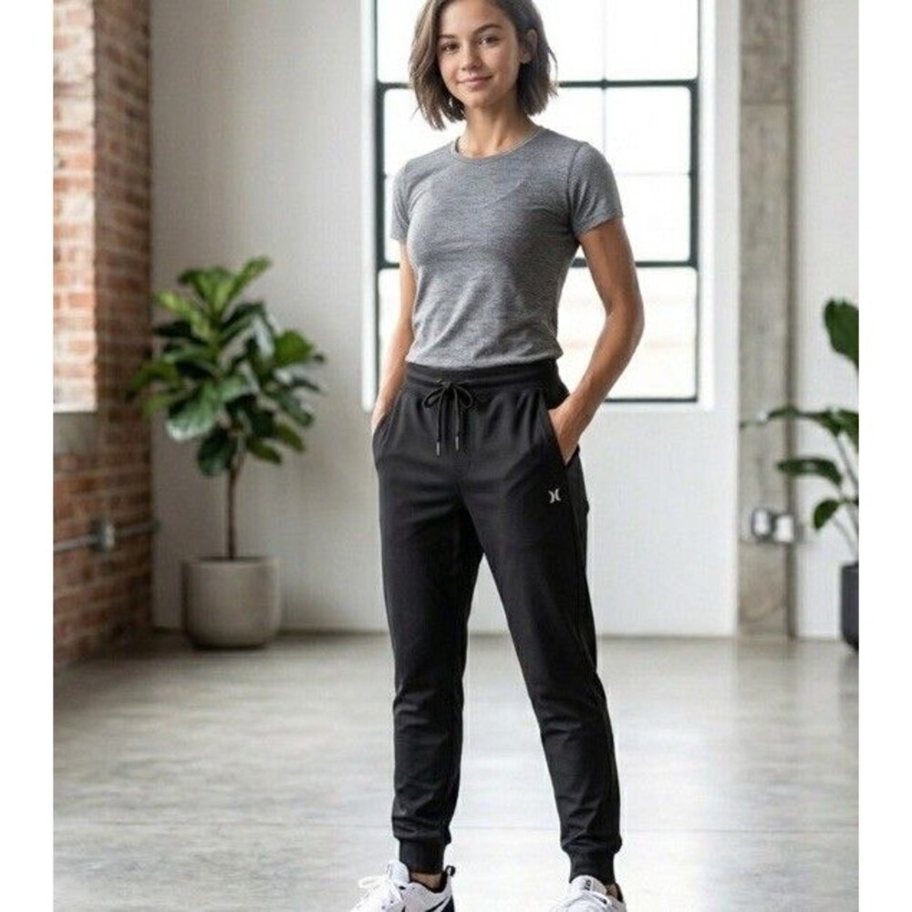 Hurley Womens S Black Jogger Pants Grid Texture Lightweight Running Athletic